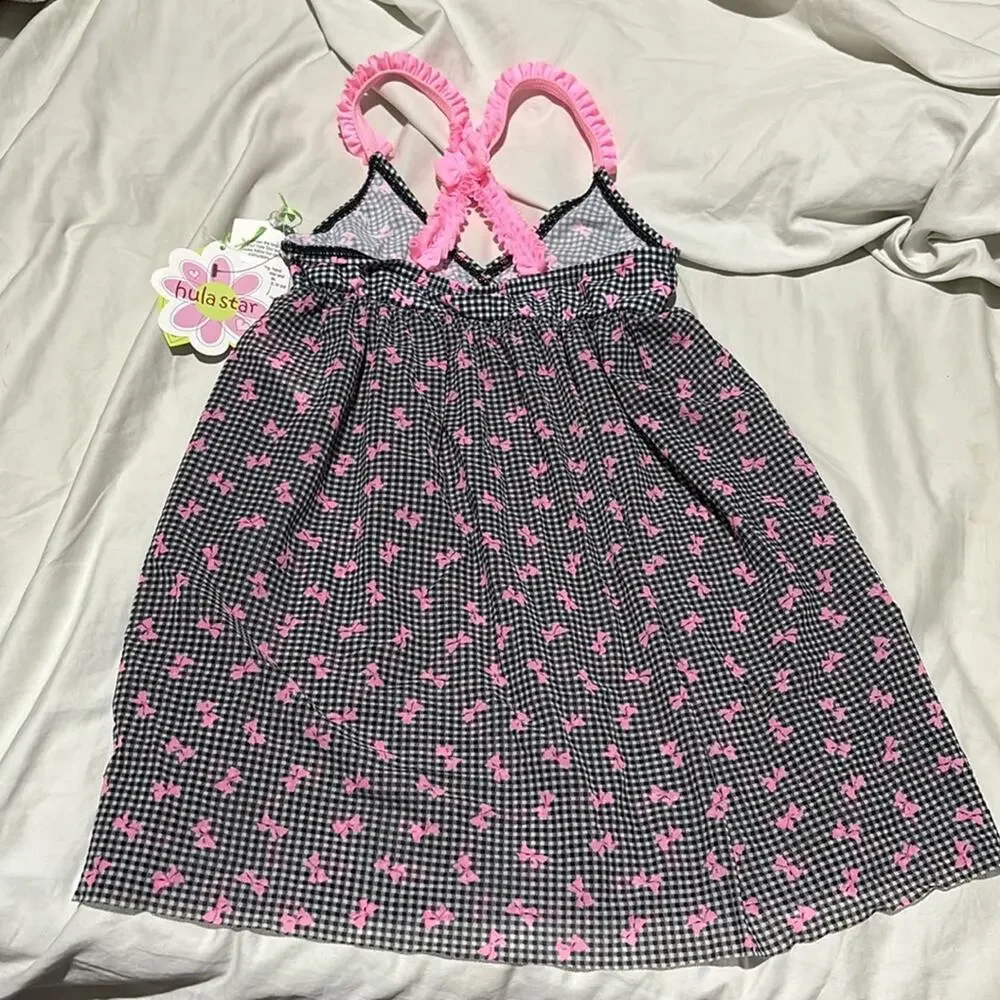 Hula Star 6/6x black white houndstooth pink bow accent cover up nwt perfect